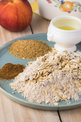 Ingredients for blueberry peach crisp.