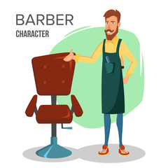 Cartoon Barber Character Vector. Classic Lounge Chair. Happy Professional Barber Standing At Workplace. Cartoon Illustration.