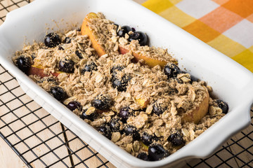 Fresh baked blueberry peach crisp.