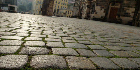Kopfsteinpflaster am Neumarkt in Dresden im Gegenlicht