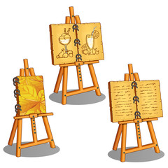 Three canvases on stand with leaves, image of ice cream and cocktail and handwriting text. Vector illustration in cartoon style isolated on white background