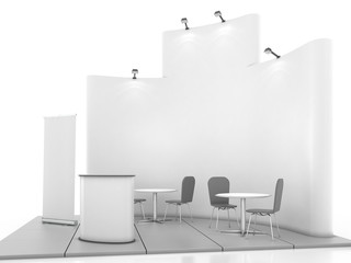 Blank creative exhibition stand design with color shapes. Booth template 01. 3D render