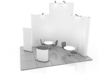 Blank creative exhibition stand design with color shapes. Booth template 01. 3D render