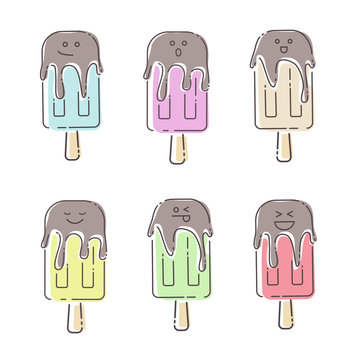 Vector ice cream set illustration with emotions. Beautiful sweet ice cream. Set of funny emoji ice creams. Flat line art design. Vector clip art. Pastel color on white background
