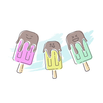 Ice cream colorful vector illustration with emoji and blue stripes on the background . Cartoon cute ice cream. Flat style hand drawn line art ice cream design for poster, covers, postcard and other