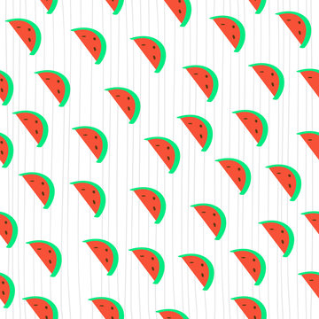 Vector watermelon seamless hand drawing pattern. Vector background with color watermelon slices. Thin striped background. Good for covers, card, postcard, invitation, poster, banners and other design