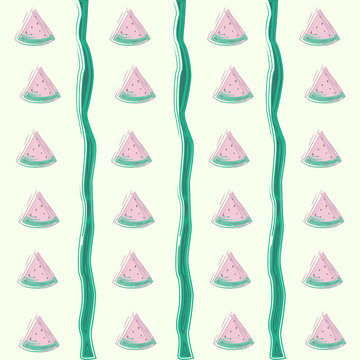 Vector watermelon texture on green background. Cute seamless vector pattern with watermelon slices. Good for covers, banners, poster, print and other design