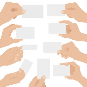 Collage of woman hands holding white card