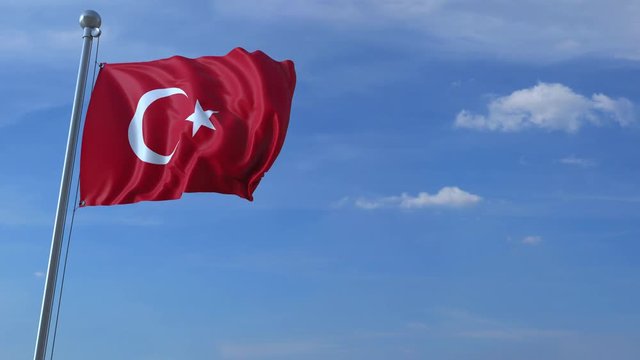 Commercial airplane landing behind waving Turkish flag. Travel to Turkey conceptual animation