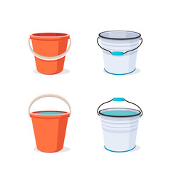 Buckets set. Flat vector illustration. Bucket empty and with water.