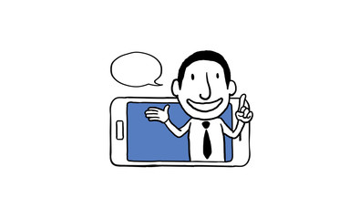 Fototapeta na wymiar Businessman with big smartphone. online marketing presentation business concept. isolated vector illustration outline hand drawn doodle line art cartoon design character.