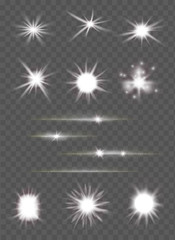 set of light flashes and lens flares over transparent background. glowing suns burst and bright glitter stars effect with sparkling rays. vector illustration