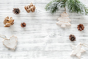 Christmas decoration on grey wooden background top view copyspace