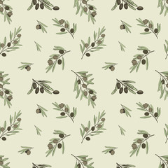 Vector seamless pattern with ripe green olives and branches on beige. Background design for olive oil, natural cosmetics. Best for wrapping paper. Seamless with olive branch and rape black olives.