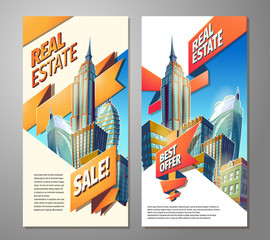 Set of vector cartoon illustrations, banners, urban backgrounds with modern big city buildings, skyscrapers, business centers and space for your text. Advertising posters for sale of real estate.