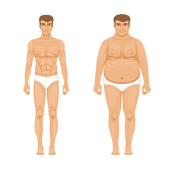 Visualization of weight loss. Muscular and fat man. Vector cartoon illustration of lifestyle
