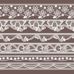 Set of six lace ribbons horizontal seamless patterns. Vector needlework illustrations