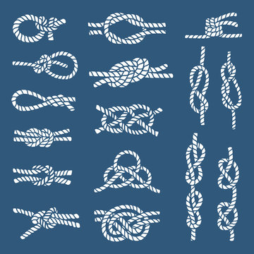 Different nautical knots and ropes on dark background. Vector illustrations isolate
