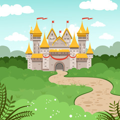 Fantasy landscape with fairytale castle. Vector illustration in cartoon style