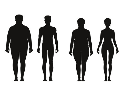Silhouette of fat and thin peoples. Weight loss of overweight man and fat woman. Vector illustrations isolate