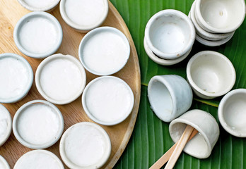 Obraz na płótnie Canvas coconut milk custard in small porcelain cup