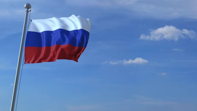 Commercial airplane landing behind waving Russian flag. Travel to Russia conceptual animation