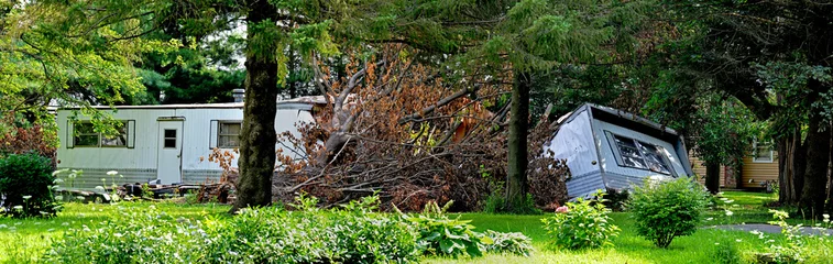 Papier Peint photo Orage arbre de dégâts de tempête contre maison mobile
