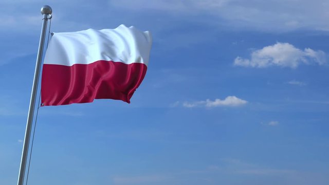 Commercial airplane landing behind waving Polish flag. Travel to Poland conceptual animation