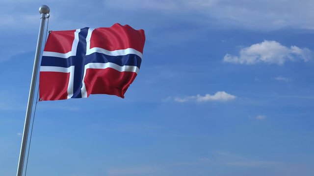 Commercial airplane landing behind waving Norwegian flag. Travel to Norway conceptual animation