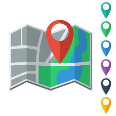 Flat map icon and map markers. Vector illustration