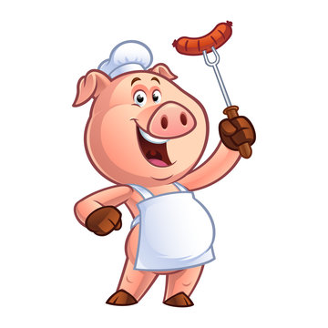 Pig chef holding a sausage on fork