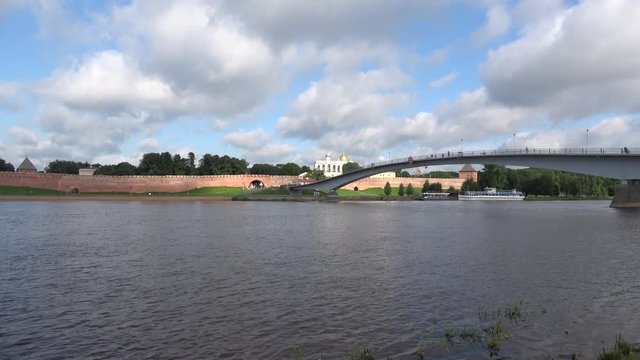 Historic center of Veliky Novgorod city under stormy skies