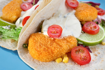 Plate with delicious fish tacos, close up