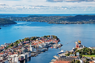 Naklejka na ściany i meble View of Bergen city from Mount Floyen, Floyen is one of the city mountains in Bergen, Hordaland, Norway, and one of the city’s most popular tourist attractions.