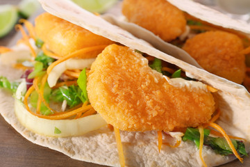 Delicious fish tacos, close up