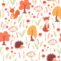 Cute seamless pattern with autumn animals