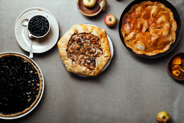 Variety of autumn pies: blueberry tart, chantarelle galette and classical apple pie with sweet pastry crust. Harvest time baking concept. Concrete rustic background. Space for text.