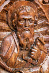 Wooden statue of St. Paul looking upwards.