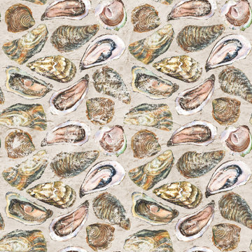 Oysters vintage seamless pattern