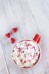 Mug of Hot Chocolate and Valentine Hearts
