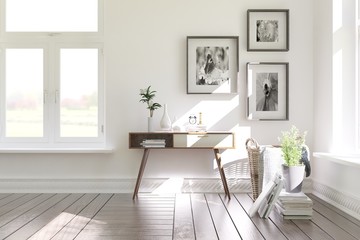 Fototapeta na wymiar White modern room with shelf. Scandinavian interior design. 3D illustration