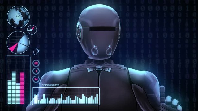 Robot includes a futuristic user interface with the word love. 3d animation rendering