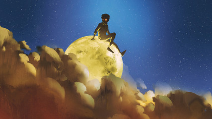 young boy sitting on the glowing moon behind clouds in night sky, digital art style, illustration painting © grandfailure