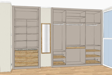 Empty classic wardrobe with many drawers in the interior. 3D illustration. Big modern wardrobe. Project management.