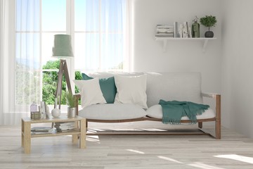 White modern room with sofa. Scandinavian interior design. 3D illustration