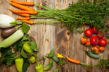 Healthy organic foods on wooden background. Top view
