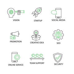 Modern Flat thin line Icon Set in Concept of Business mangement with word  startup,vision, creative idea,seo,social media,security,team support,online service, promotion. Editable Stroke.