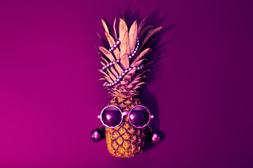 Fashion Hipster Pineapple Fruit. Beach Art Gallery Design.Tropical pineapple with Disco Sunglasses....