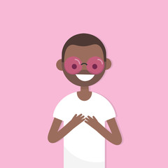 Looking through pink coloured glasses. Conceptual illustration. Young black character wearing pink sunglasses. Flat editable vector illustration, clip art