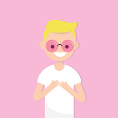 Looking through pink coloured glasses. Conceptual illustration. Young character wearing pink sunglasses. Flat editable vector illustration, clip art